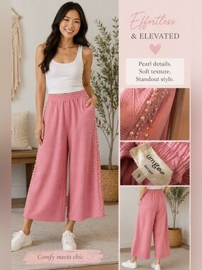 Pink Pearl Embellished Wide Leg Trousers Size S